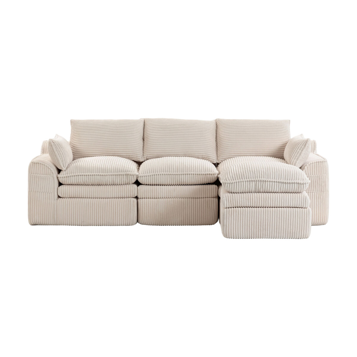 Sofá modular de 3 lugares - com pufe, almofadas e 2 bolsos laterais - bege