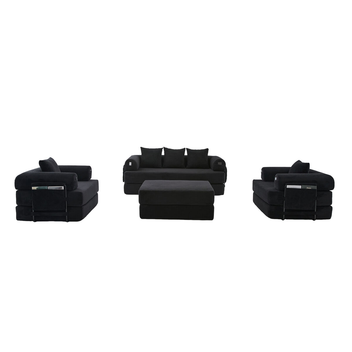 Sofá modular de 4 lugares - inclui pufe, estrutura metálica resistente, bolso lateral, 4 almofadas confortáveis - preto