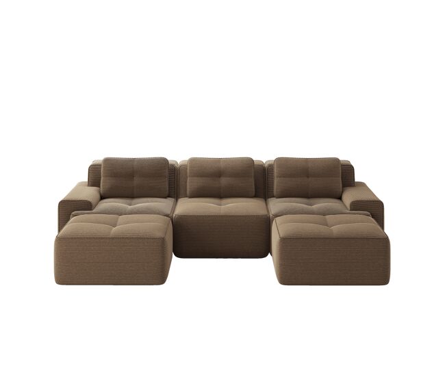 Sofá modular u 3 lugares - veludo cotelê, montagem livre, com otomano - castanho