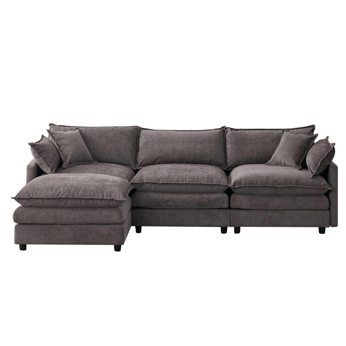 Sofá de canto modular de 3 lugares – com chaise longue e banqueta, tecido de chenille premium, confortável e respirável – cinzento