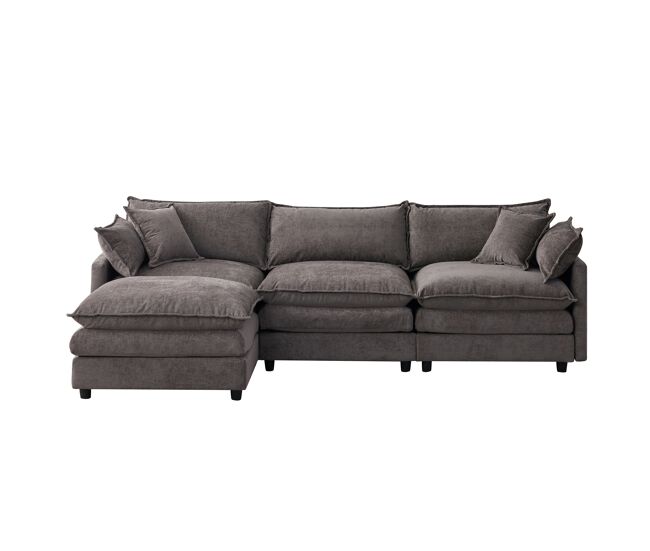 Sofá de canto modular de 3 lugares – com chaise longue e banqueta, tecido de chenille premium, confortável e respirável – cinzento