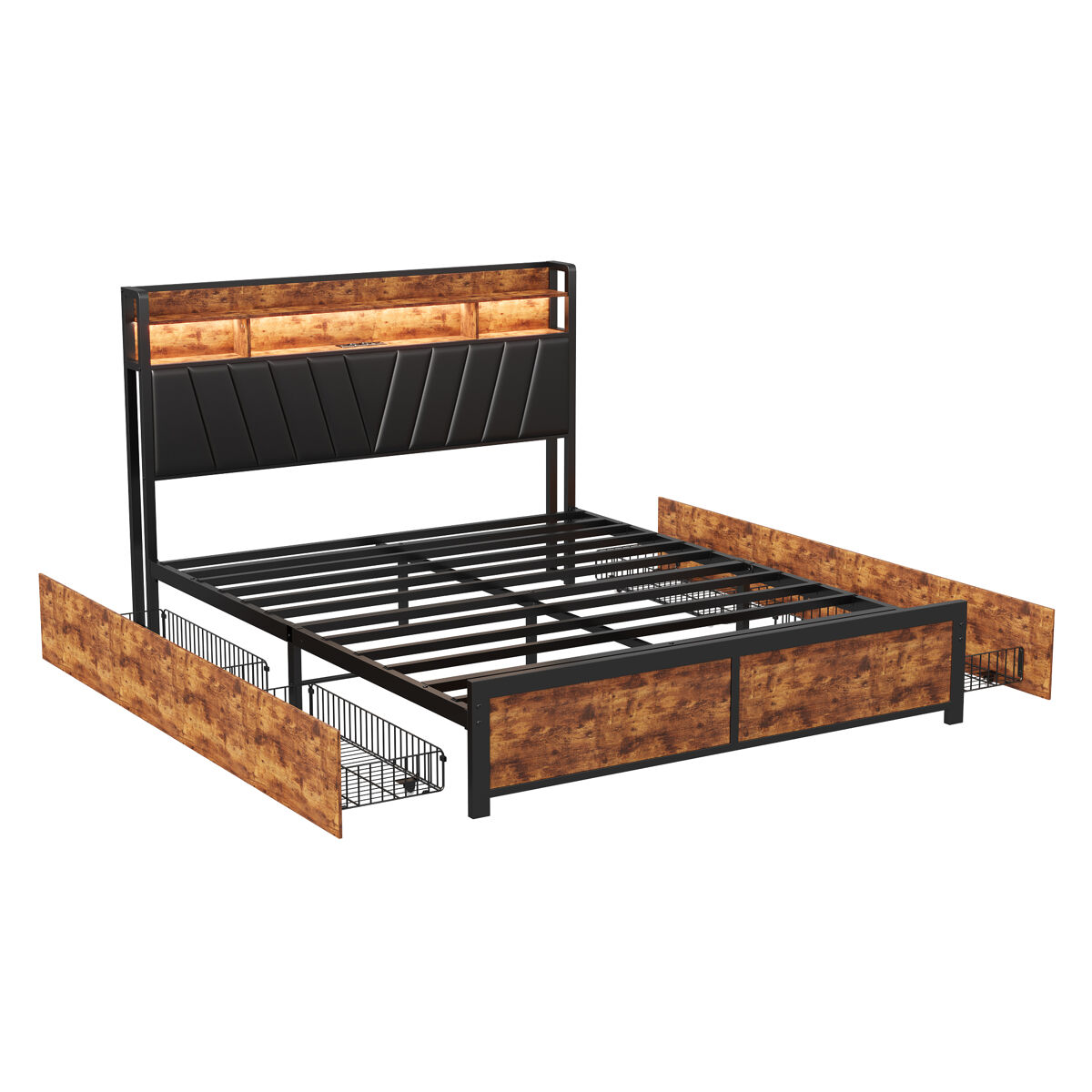 Cama estofada com dimensões 160*200cm, estrutura de ripas, cabeceira, led, prateleira, 4 gavetas e construção metálica para quarto juvenil ou quarto