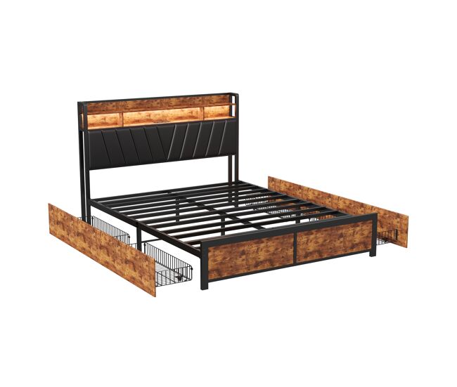 Cama estofada com dimensões 160*200cm, estrutura de ripas, cabeceira, led, prateleira, 4 gavetas e construção metálica para quarto juvenil ou quarto