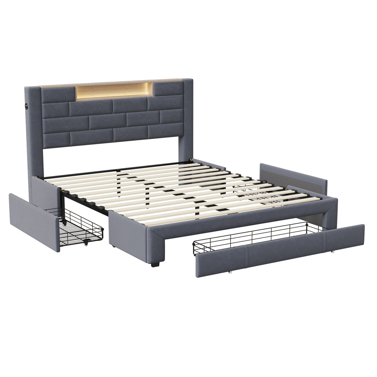 Cama estofada 140x200 cm com função de carregamento usb e tipo c, 3 gavetas, estrutura de ripas e capa em veludo, cama jovem e de casal, design