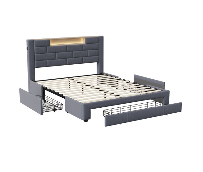 Cama estofada 140x200 cm com função de carregamento usb e tipo c, 3 gavetas, estrutura de ripas e capa em veludo, cama jovem e de casal, design
