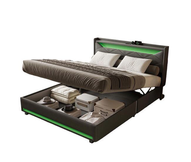 Cama de casal 160x200 cm com arrumação e iluminação led – tecido cinzento com porta usb, tomada tipo c e amortecedores a gás.