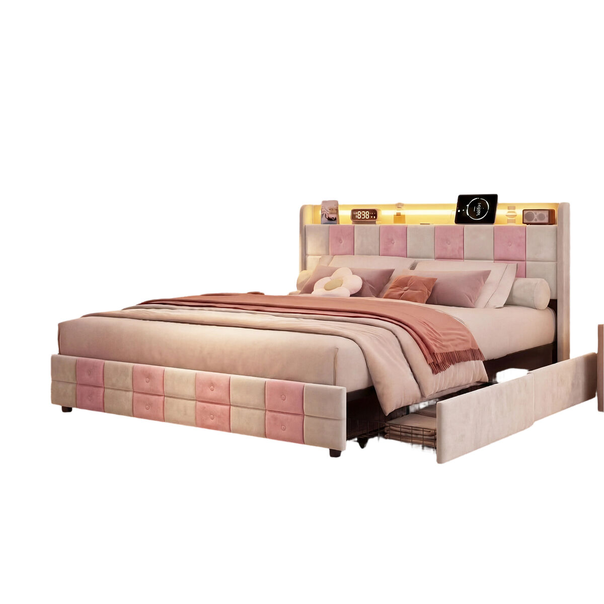 Cama com baú 140x190 cm - led rgb - cabeceira com portas usb - 4 gavetas - veludo macio - design moderno
