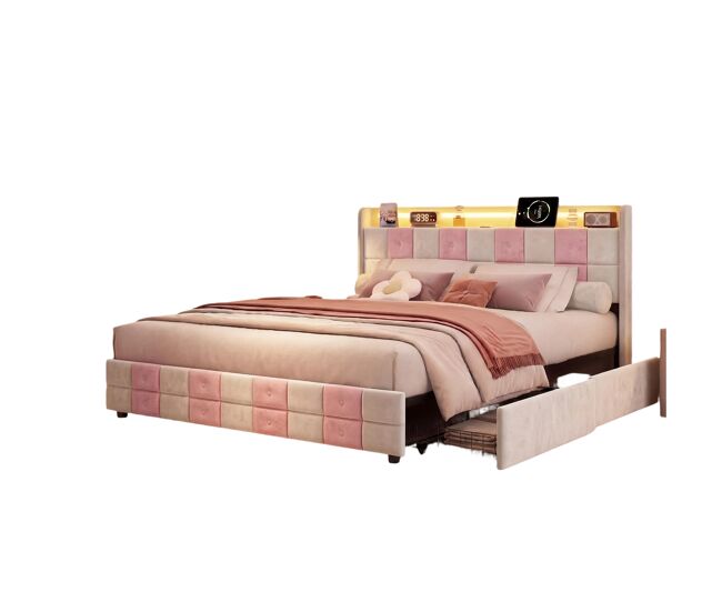 Cama com baú 140x190 cm - led rgb - cabeceira com portas usb - 4 gavetas - veludo macio - design moderno