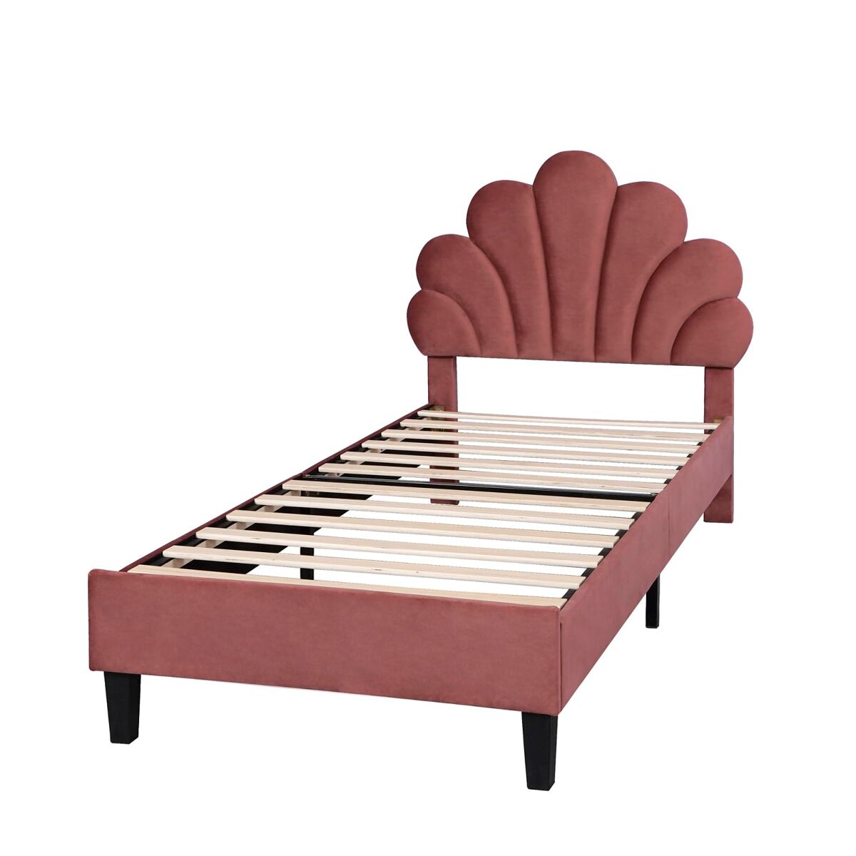 Cama juvenil meninas vermelha veludo 90x200 cm, cabeceira floral e suporte de ripas
