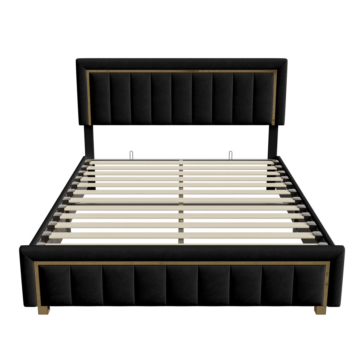 Cama de arrumação 140x200cm, cama de casal com estrado de ripas e cabeceira e peseira com orla banhada a ouro, madeira e flanela, preto