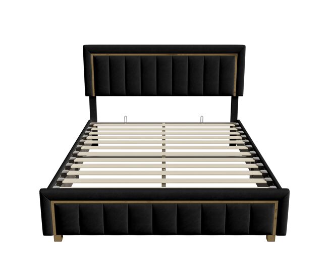 Cama de arrumação 140x200cm, cama de casal com estrado de ripas e cabeceira e peseira com orla banhada a ouro, madeira e flanela, preto