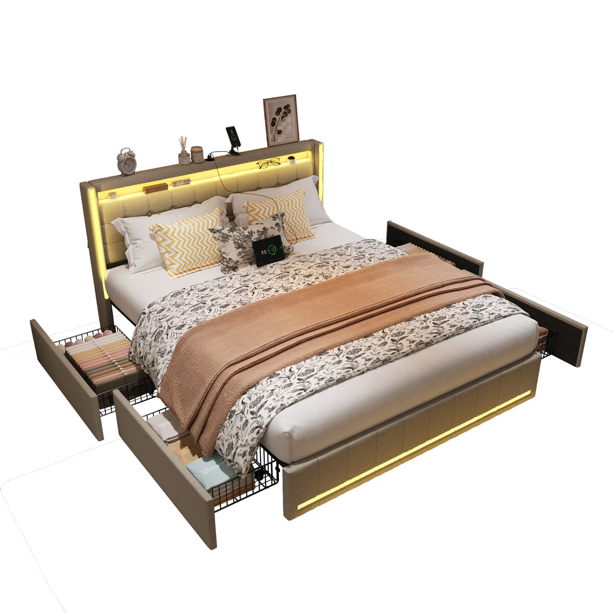 Cama 180x200 cm com gavetas - linho bege - led regulável - portas usb & type-c - 4 grandes gavetas de arrumação