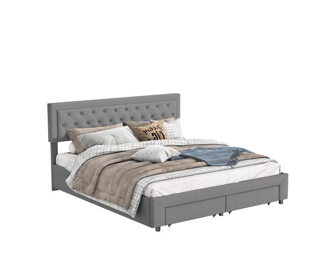 Cama com baú 180x200 cm - 2 gavetas - veludo cinza - estrado de ripas em madeira maciça - estilo escandinavo - cama dupla adulta