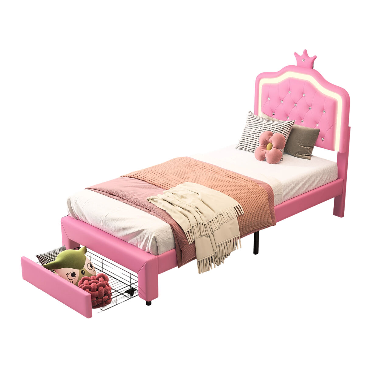 Cama estofada 90 x 200 cm com 1 gaveta e luzes led - padrão guirlanda - estrado de ripas - rosa