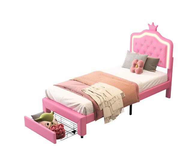 Cama estofada 90 x 200 cm com 1 gaveta e luzes led - padrão guirlanda - estrado de ripas - rosa