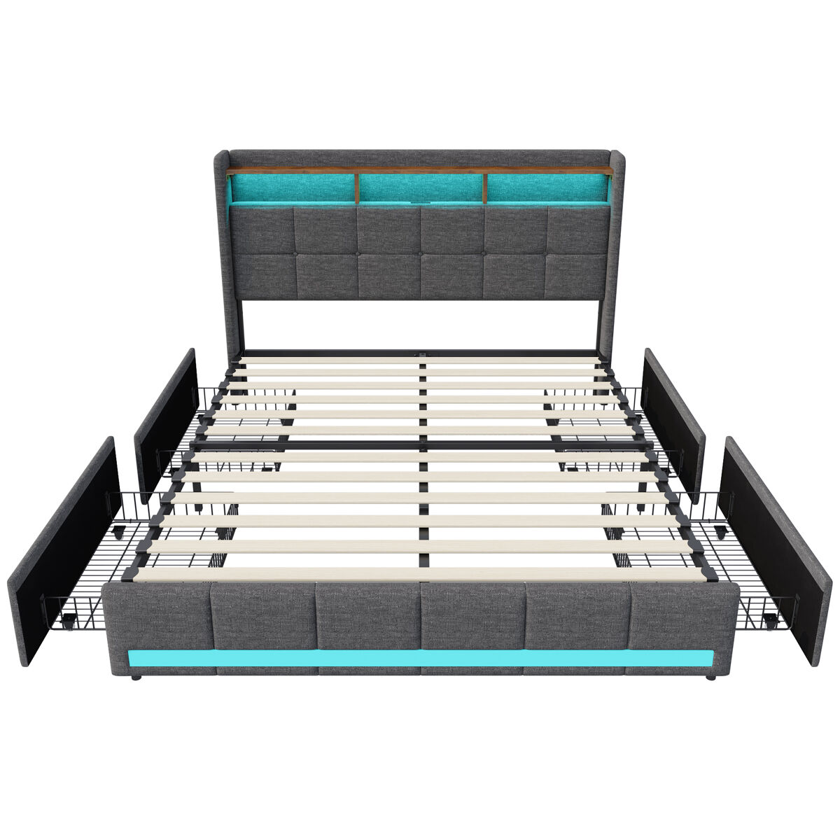 Cama estofada em linho cinza com 160x200cm, com entrada usb, estrutura de ripas, 4 gavetas, iluminação led, adequada como cama de casal ou jovem