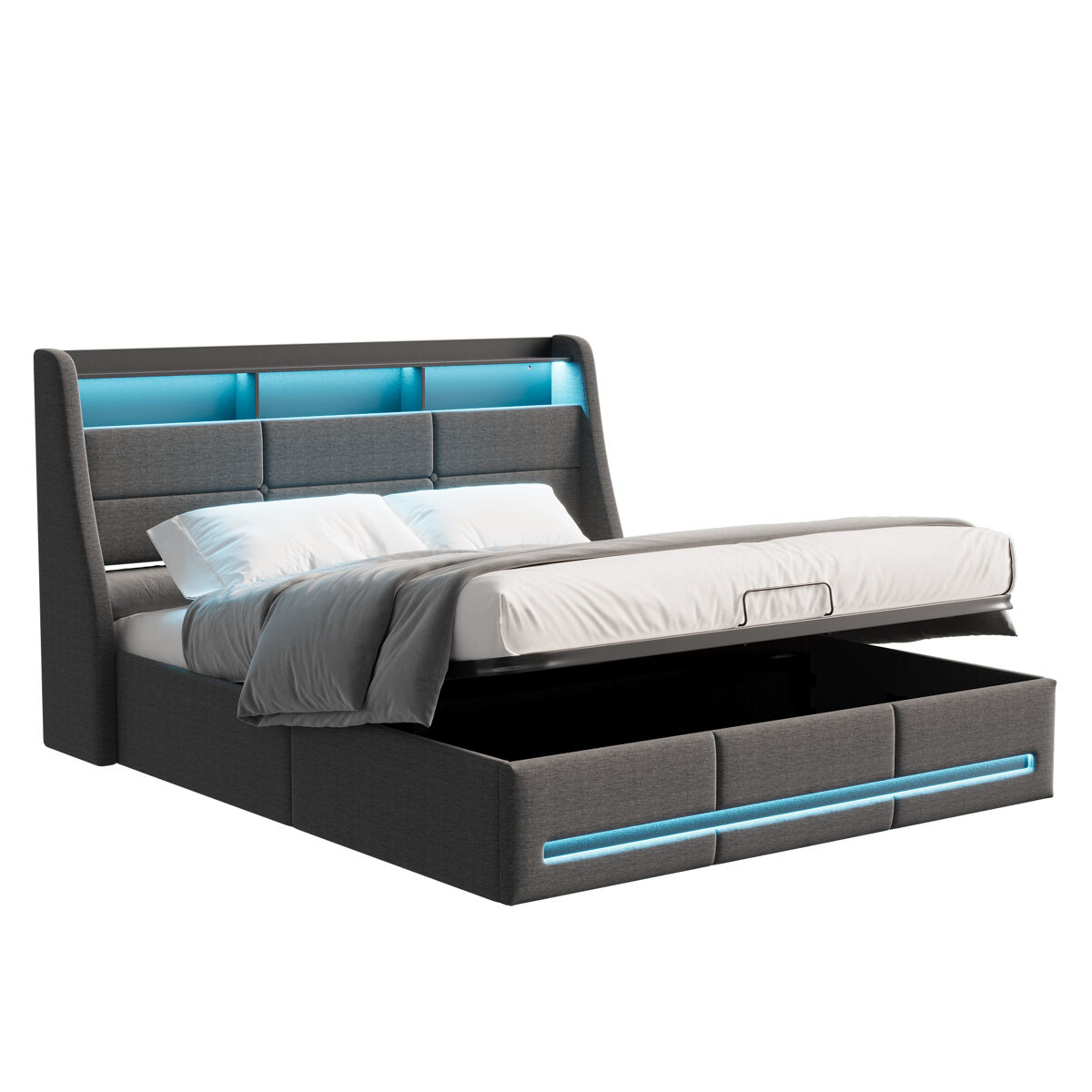 Cama com arrumação, iluminação led e tomada elétrica integrada em tecido cinzento – 160x200 cm – estrutura com elevadores hidráulicos, cabeceira e