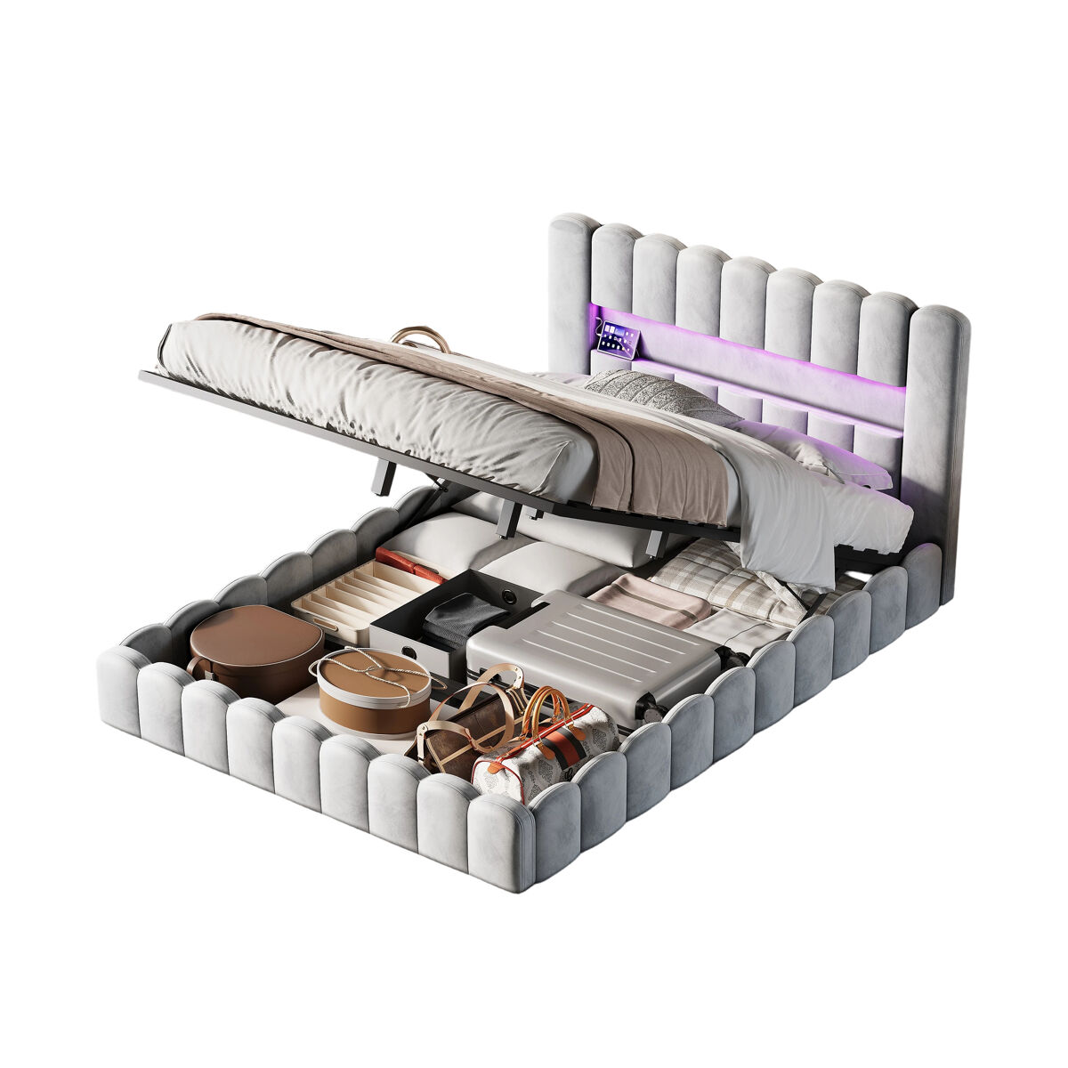Cama de design com arrumação, em tecido cinza claro, estilo tronco de árvore, com sistema hidráulico de elevação, cabeceira com iluminação led rgb e