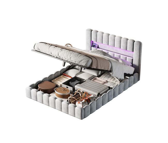 Cama de design com arrumação, em tecido cinza claro, estilo tronco de árvore, com sistema hidráulico de elevação, cabeceira com iluminação led rgb e