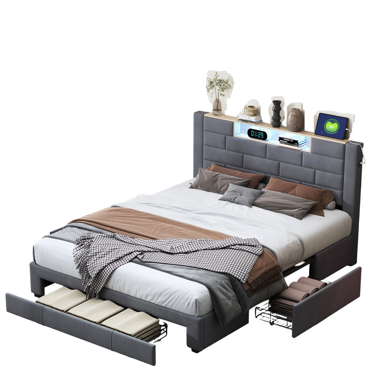 Cama de casal 160x200cm - estrado de ripas e cabeceira com led e porta usb/c - cinza