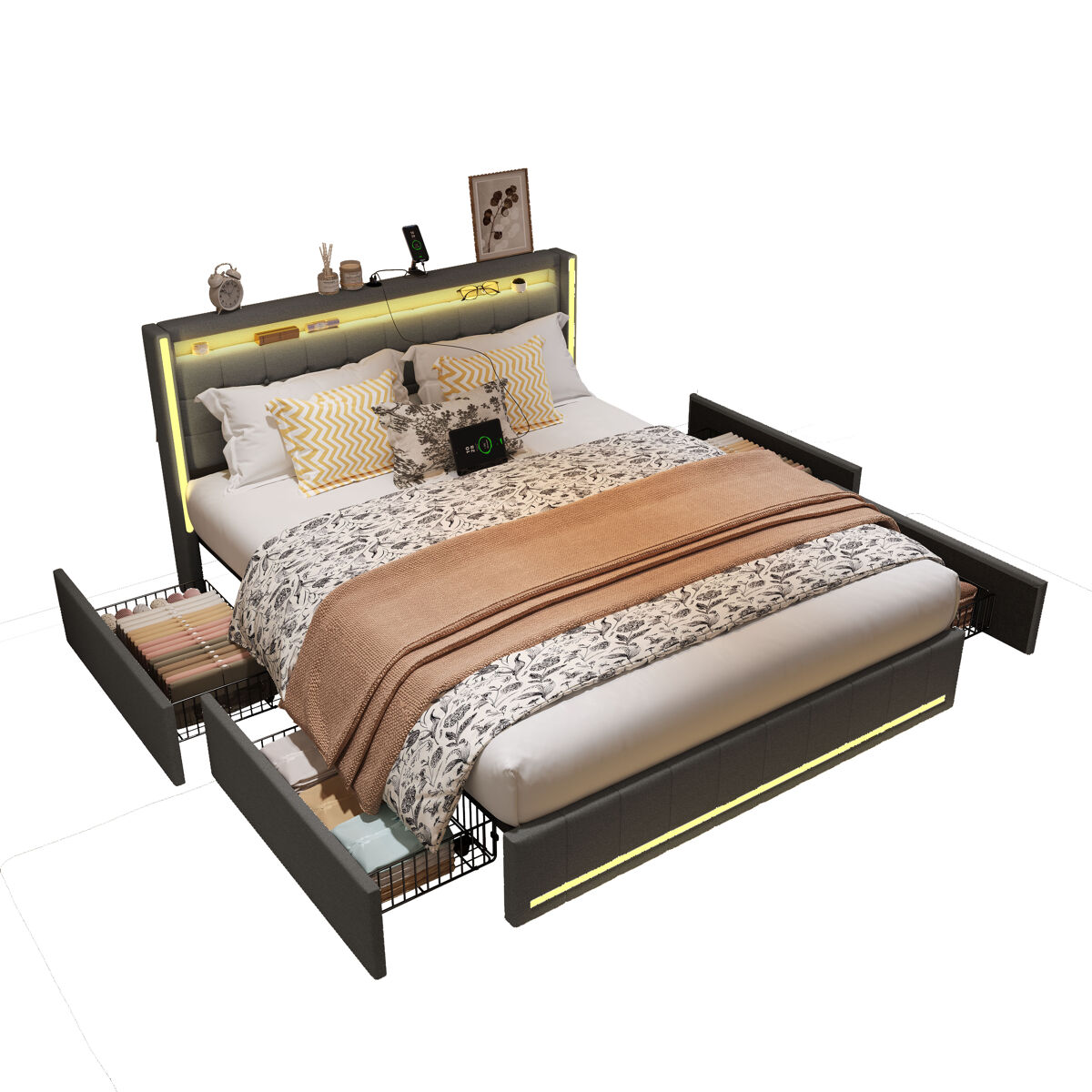 Cama 180x200 cm com gavetas - linho cinza escuro - led regulável - portas usb & type-c - 4 grandes gavetas de arrumação
