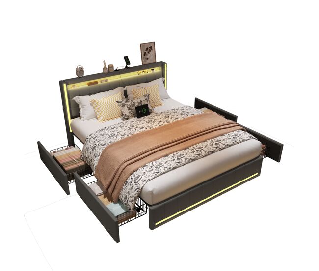 Cama 180x200 cm com gavetas - linho cinza escuro - led regulável - portas usb & type-c - 4 grandes gavetas de arrumação
