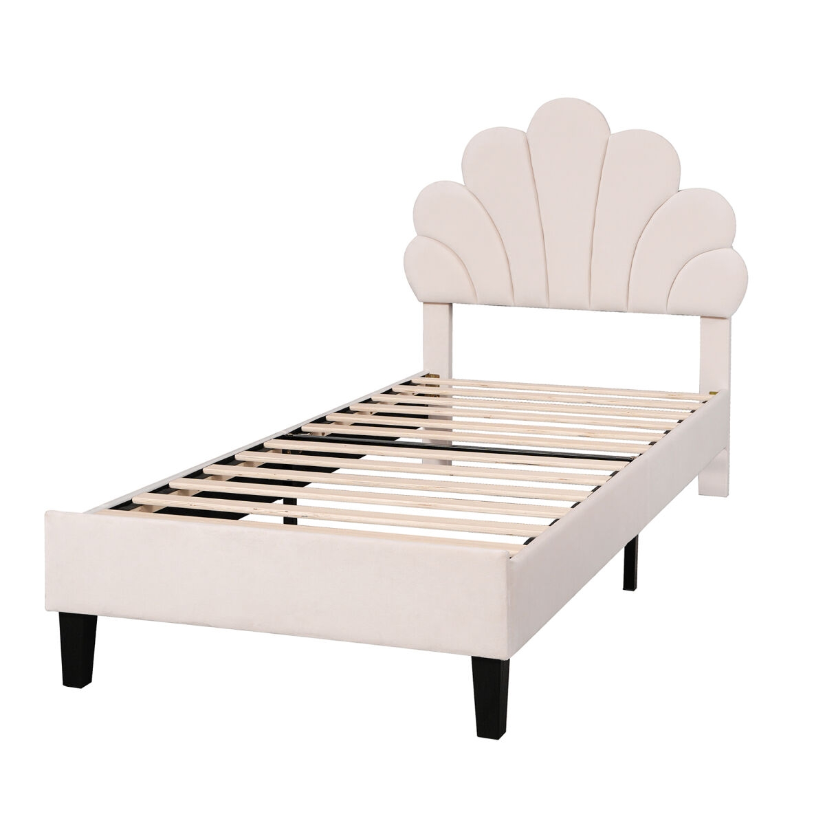 Cama juvenil meninas bege veludo 90x200 cm, cabeceira floral com suporte de ripas