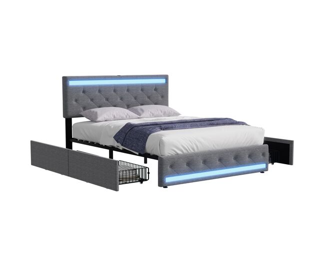 Cama estofada, 160x200 cm, cama de casal com box spring, arrumação hidráulica, portas usb/tipo c, 4 gavetas, led, madeira maciça e linho, cinzento.
