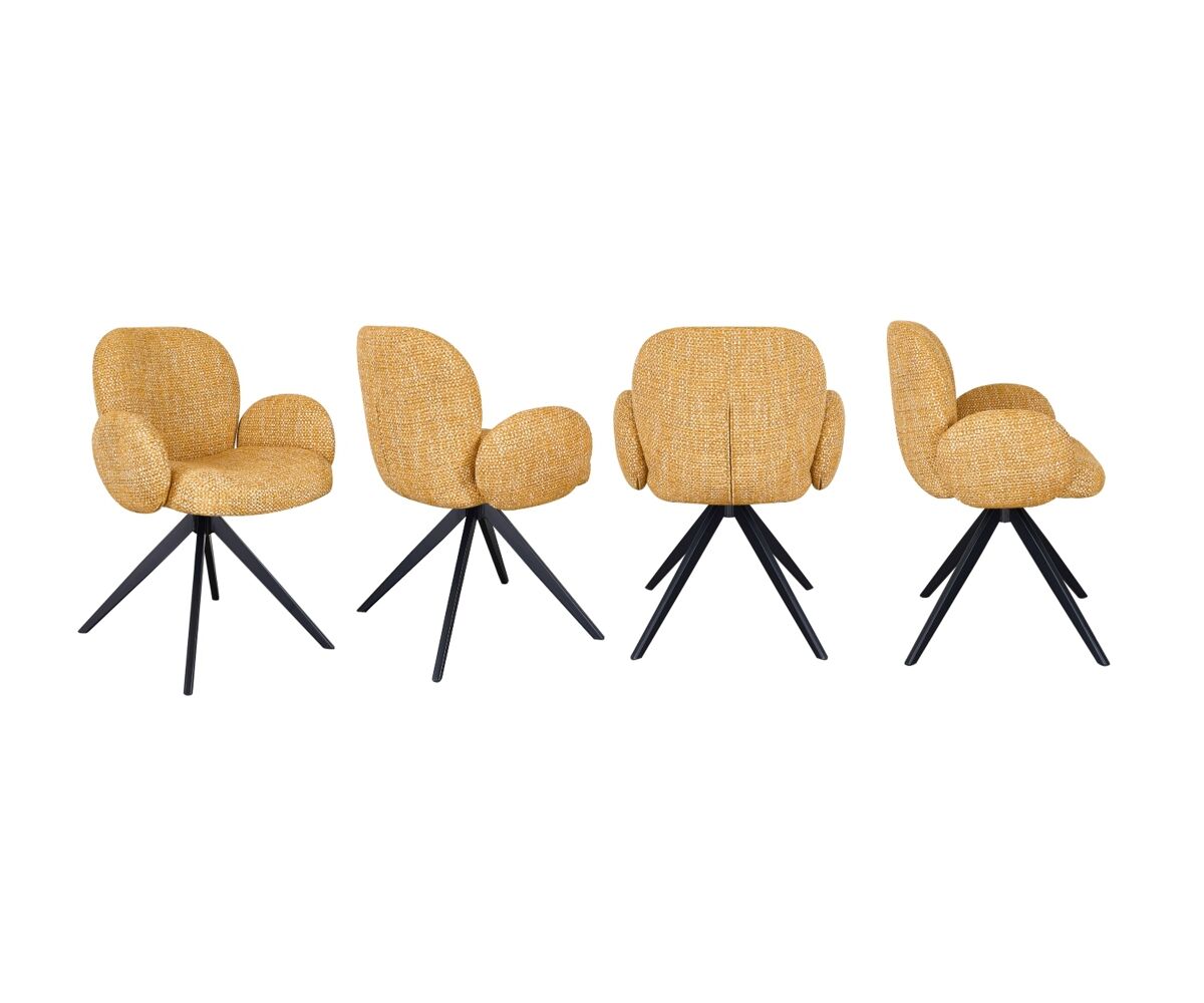 Conjunto de 4 poltronas estofadas em chenille cor mostarda salpicada e pés metálicos pretos