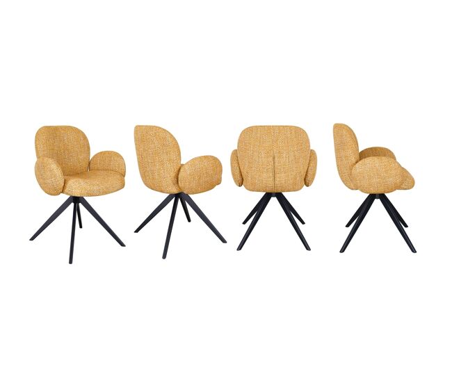 Conjunto de 4 poltronas estofadas em chenille cor mostarda salpicada e pés metálicos pretos