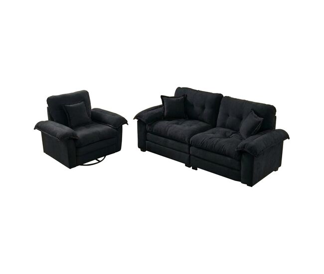 Sofá de 2 peças 3+2 lugares - chenille, almofadas decorativas, assento profundo - preto