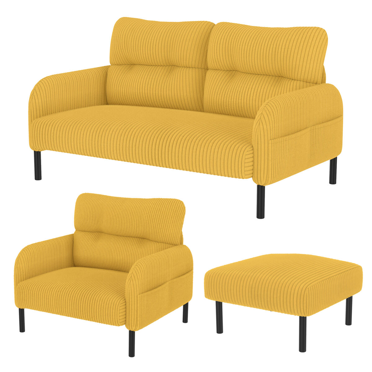 Conjunto de 3 peças cord - poltrona + banqueta + sofá de 2 lugares - estrutura em aço, encosto extra macio, assento profundo, modular - amarelo