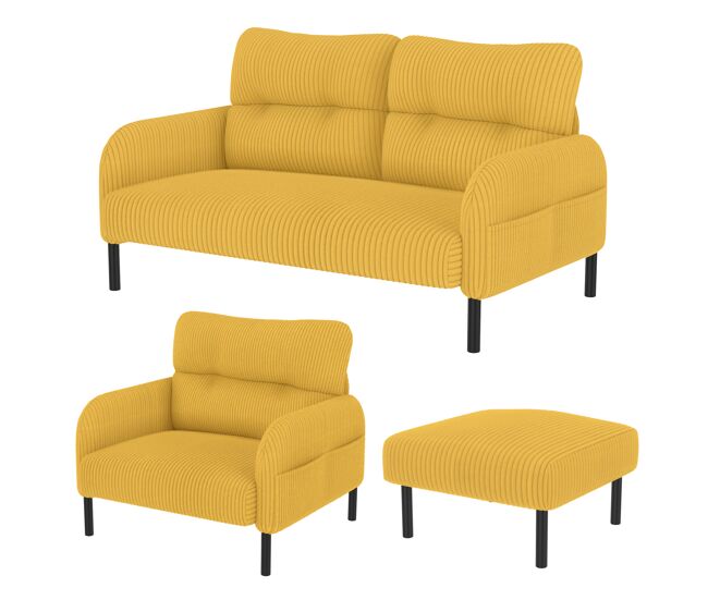 Conjunto de 3 peças cord - poltrona + banqueta + sofá de 2 lugares - estrutura em aço, encosto extra macio, assento profundo, modular - amarelo