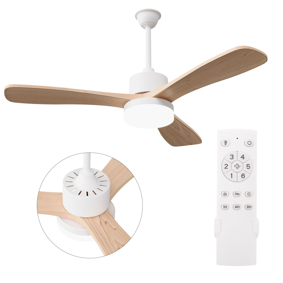 Ventilador teto 42 polegadas luz, 3 pás madeira maciça, haste dupla motor dc silencioso