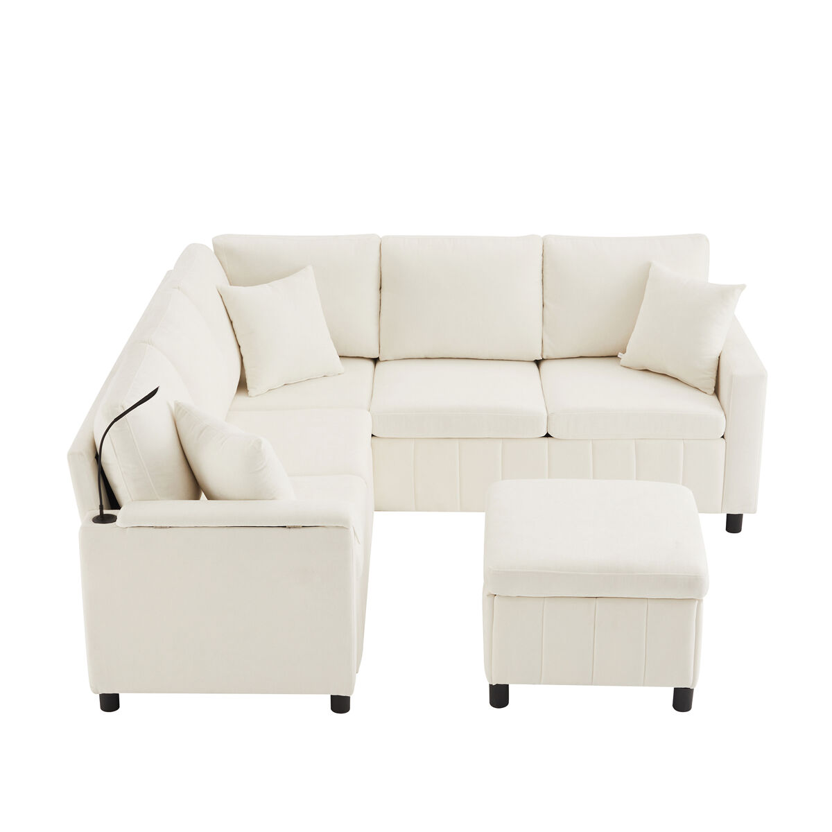 Sofá de canto para 4 pessoas 205x205 cm - chenille, cama, pufe, candeeiro, usb/type-c, mesa oculta - bege