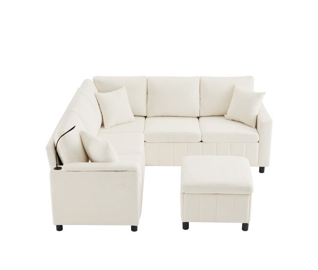 Sofá de canto para 4 pessoas 205x205 cm - chenille, cama, pufe, candeeiro, usb/type-c, mesa oculta - bege