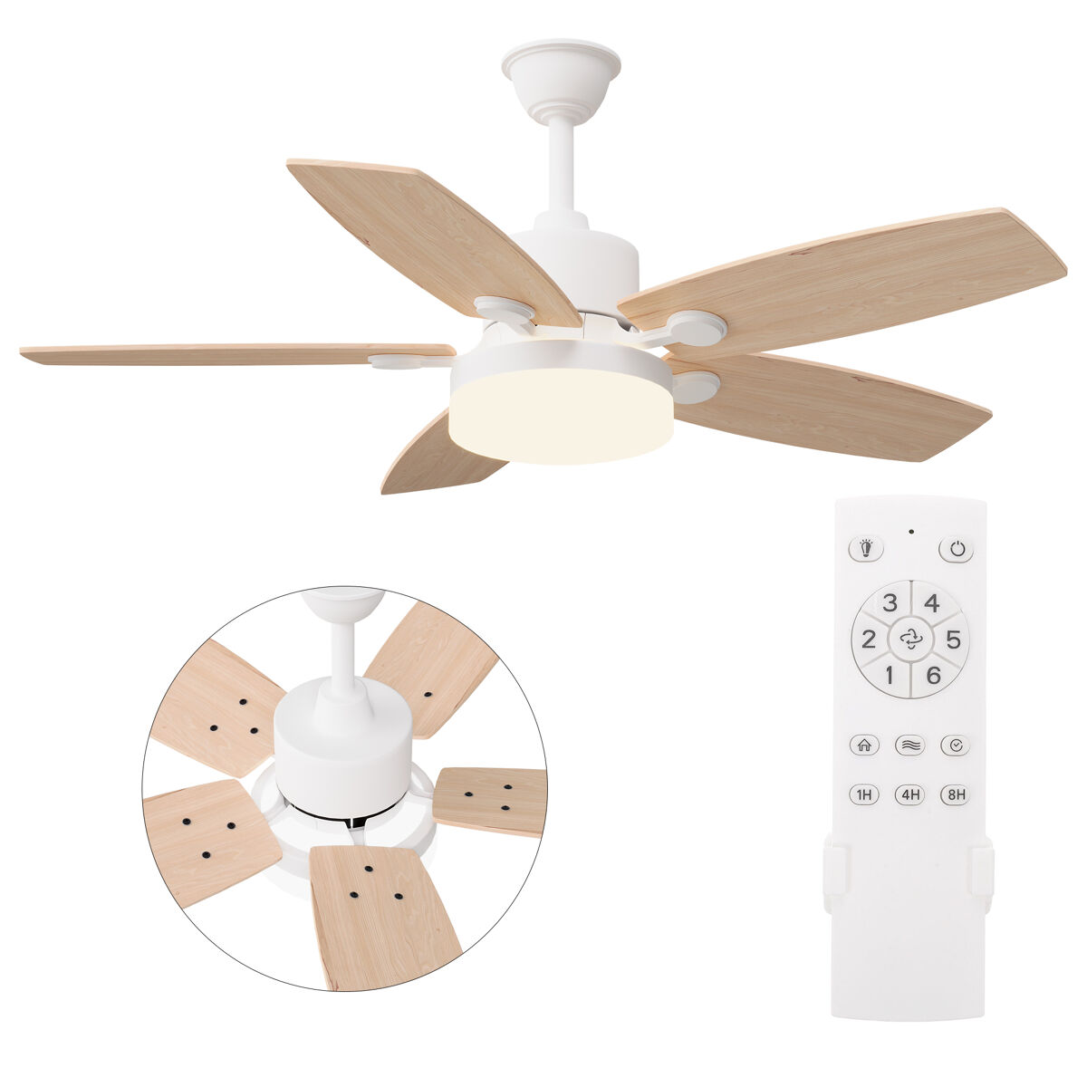 Ventilador teto 42 polegadas luz, 5 pás madeira natural, haste regulável motor dc silencioso
