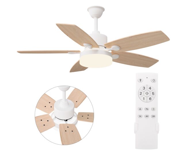 Ventilador teto 42 polegadas luz, 5 pás madeira natural, haste regulável motor dc silencioso