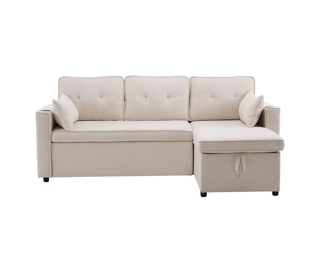 Sofá-cama em forma de l - design moderno, com arrumação e porta-copos - bege