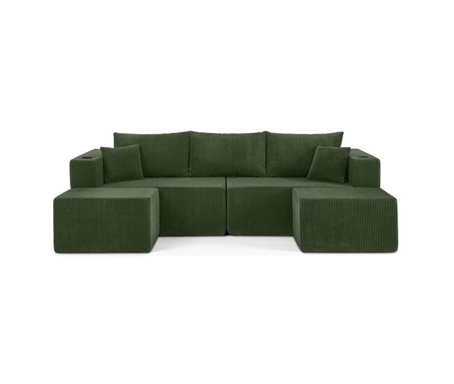 Sofá de canto modular de 3 lugares - em forma de l, pufes móveis, tecido de veludo cotelê macio, porta-copos, bolso lateral, almofadas, adequado para