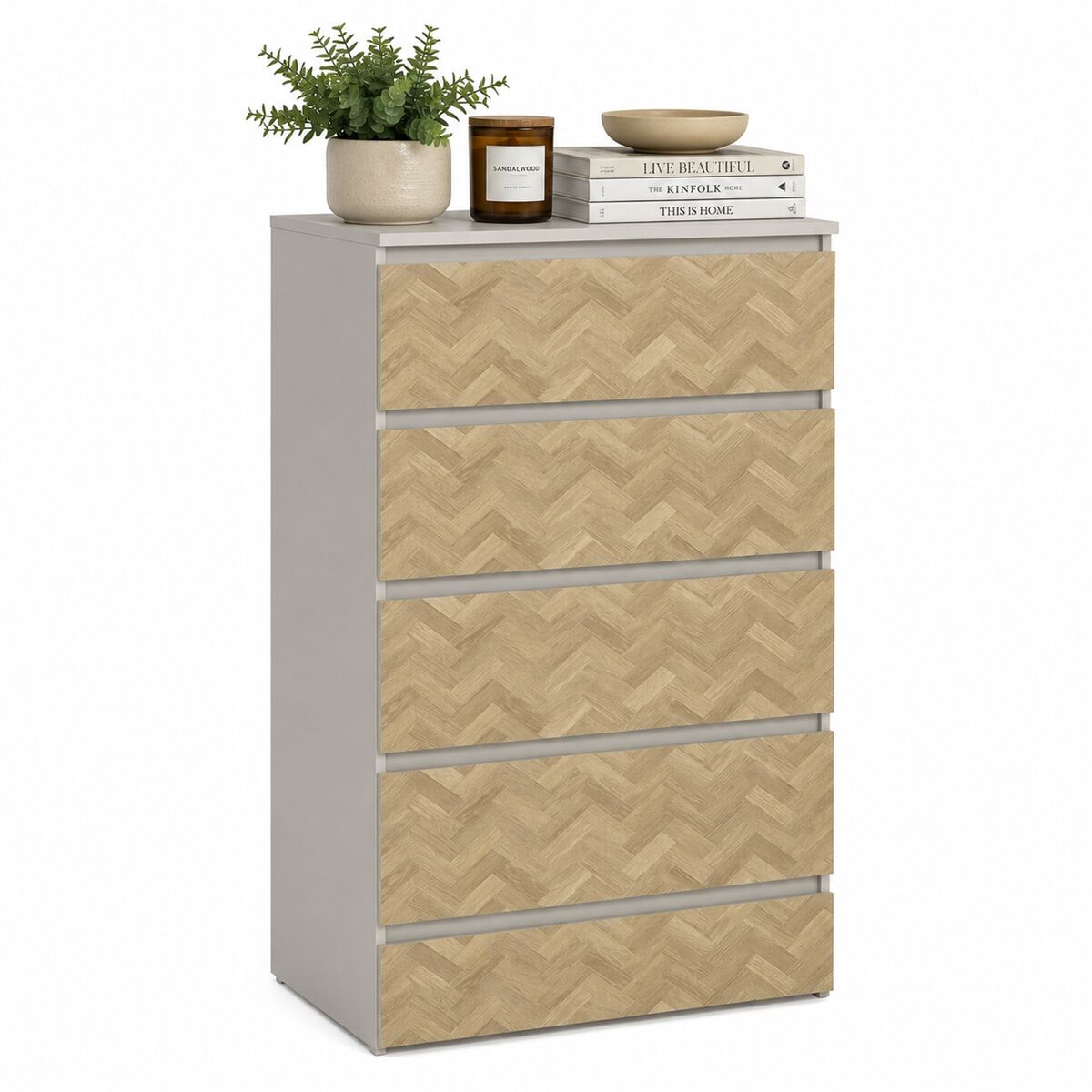 Cómoda 5 gavetas bidasoa cashmere/herringbone 65x42x115 cm / cómoda alta para quarto com amplo espaço de arrumação e design têxtil