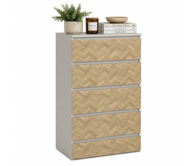 Cómoda 5 gavetas bidasoa cashmere/herringbone 65x42x115 cm / cómoda alta para quarto com amplo espaço de arrumação e design têxtil
