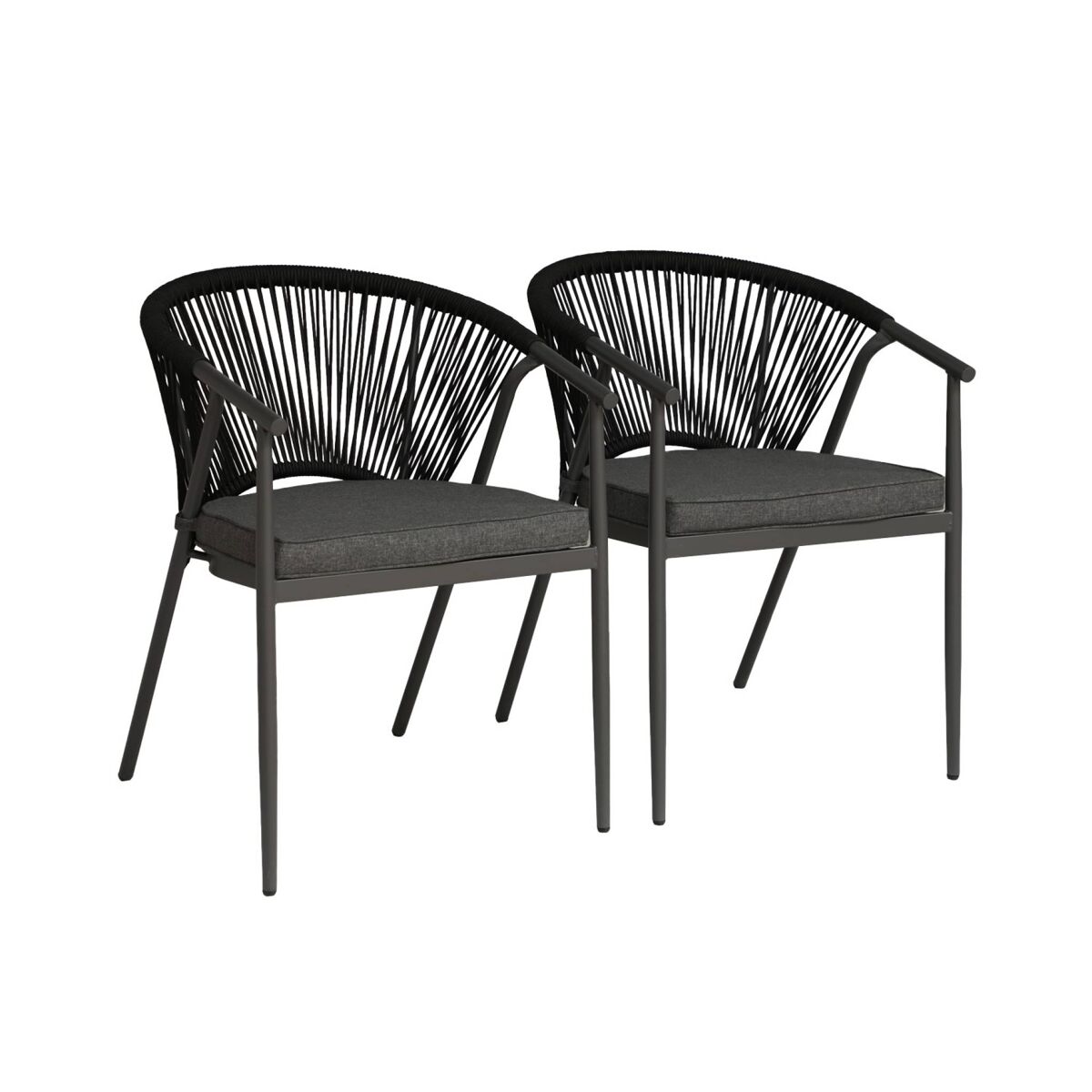 Cadeiras de jardim empilhável em acier e corda, set de 2 noir - 56.5x58x77 cm