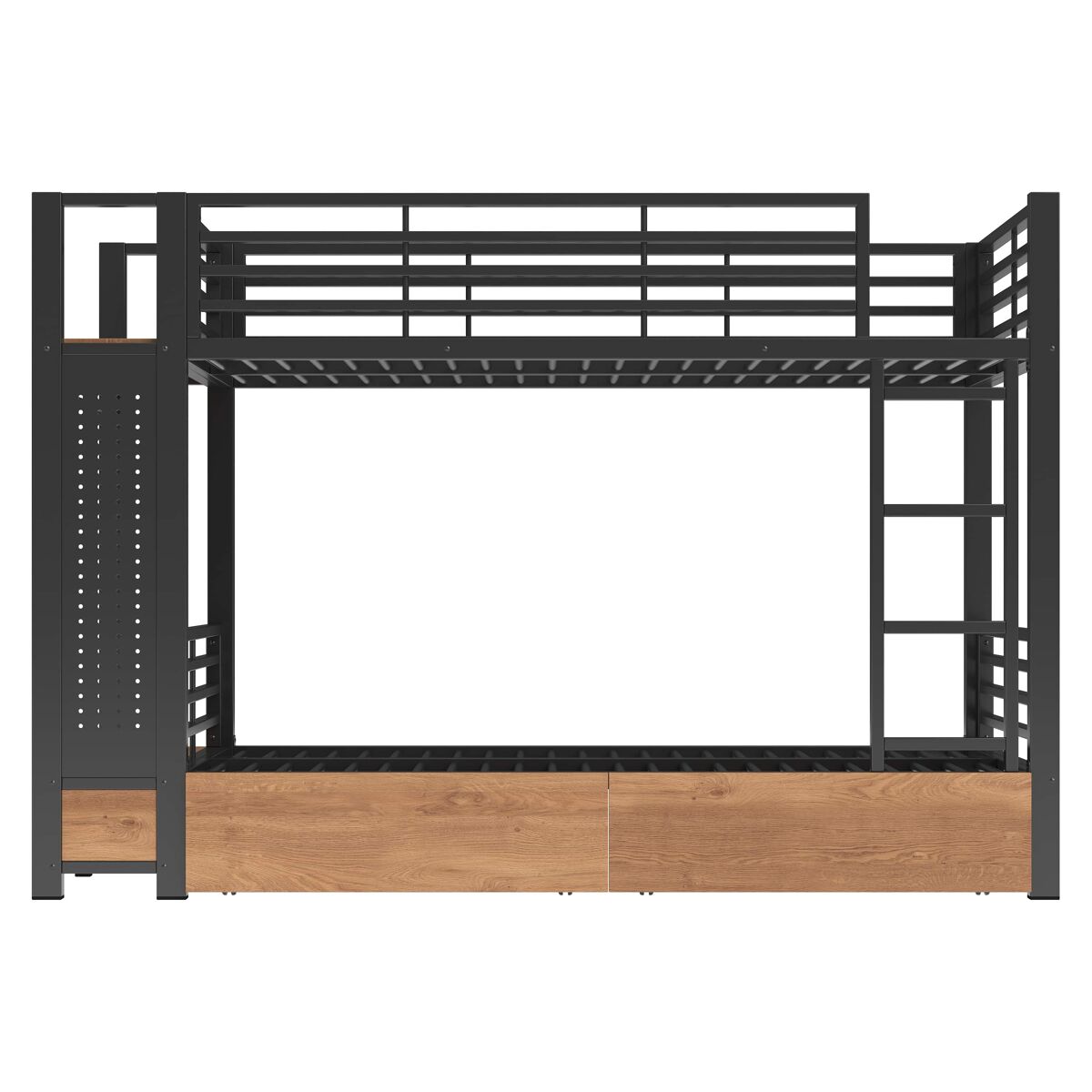Beliche 90 x 200 cm - estrutura de metal, 4 gavetas, prateleiras, luz led, painel perfurado, barra para pendurar roupa e arrumação - preto