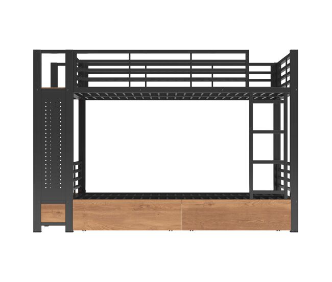 Beliche 90 x 200 cm - estrutura de metal, 4 gavetas, prateleiras, luz led, painel perfurado, barra para pendurar roupa e arrumação - preto