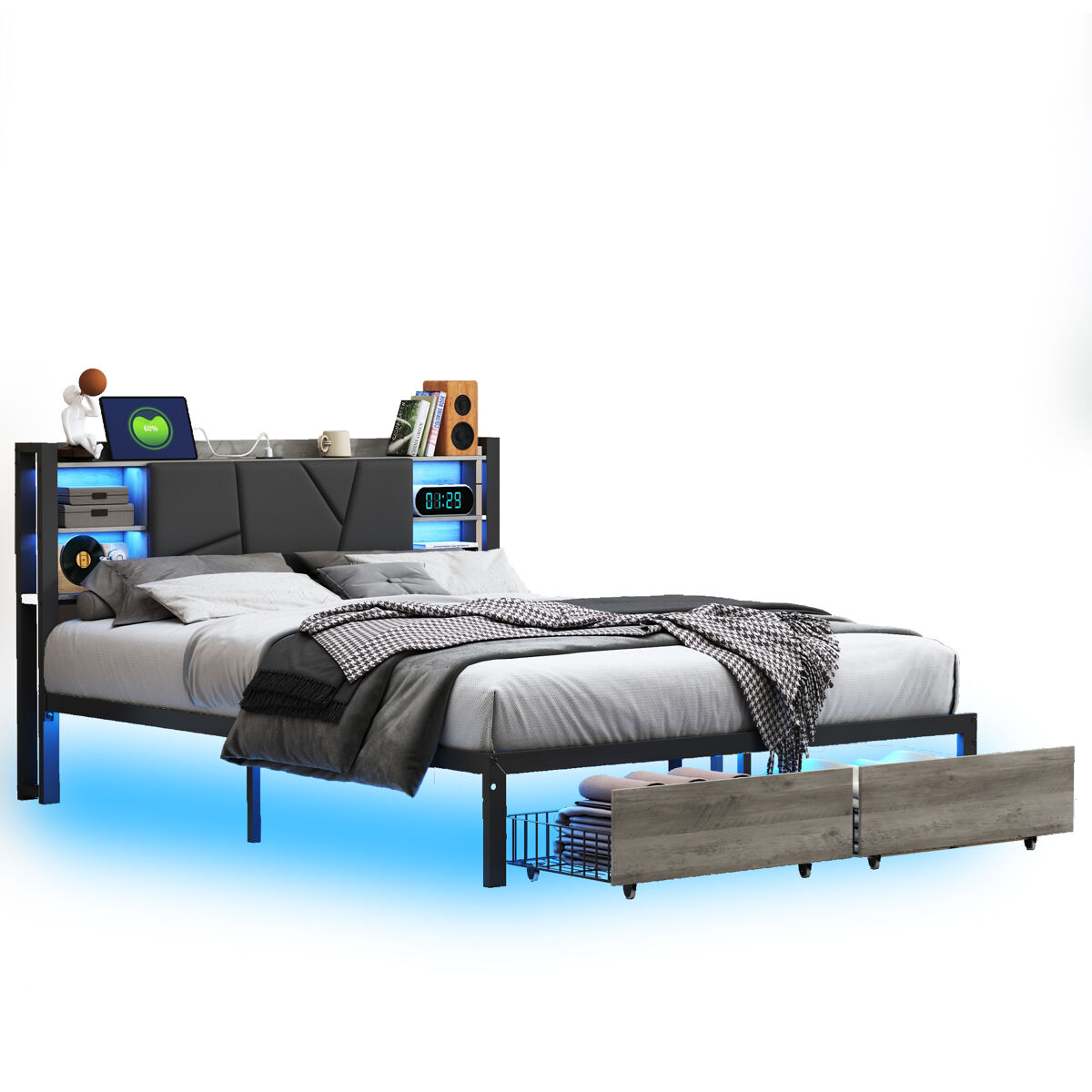 Cama 160x200 cm branca com cabeceira estofada em pu, led multicolor, 2 gavetas, usb e tomada europeia