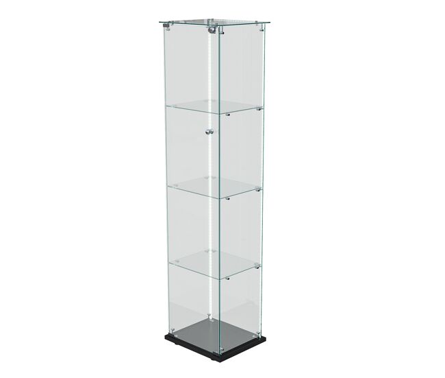 Vitrine de quatro níveis com porta única de vidro temperado e faixa de led, expositor moderno, preto.
