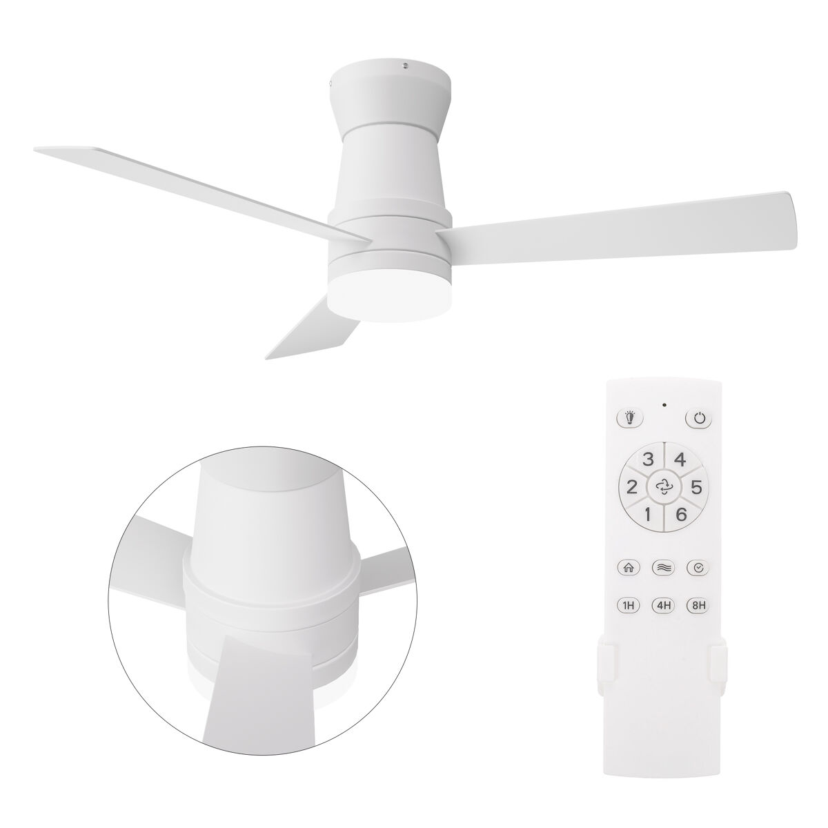 Ventoinha de teto 42" blanche com luz led, 3 pás, motor dc reversível, comando à distância, 3 temperaturas de cor, silenciosa