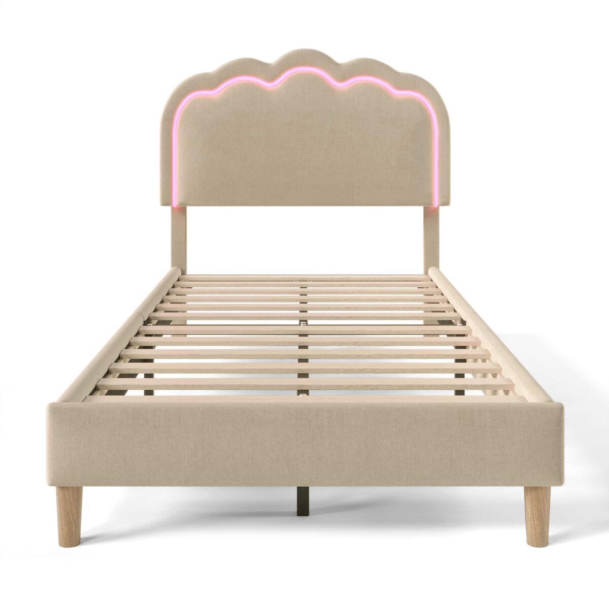 Cama individual estofada 90 × 190 cm – led, base de cama e cabeceira ajustável – bege