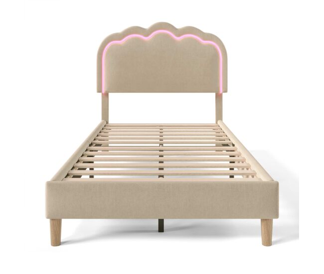 Cama individual estofada 90 × 190 cm – led, base de cama e cabeceira ajustável – bege